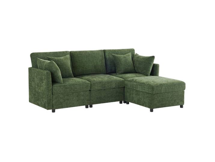 Modfu Ecksofa aus Chenille 216x161x81 cm in Grün mit modularem Hocker, 216x161 cm, Wohnzimmer, Sofas & Couches, Wohnlandschaften, Ecksofas