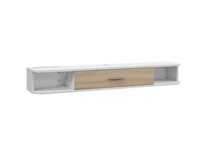 Meuble tv mural flottant porte abattante blanc aspect chêne clair