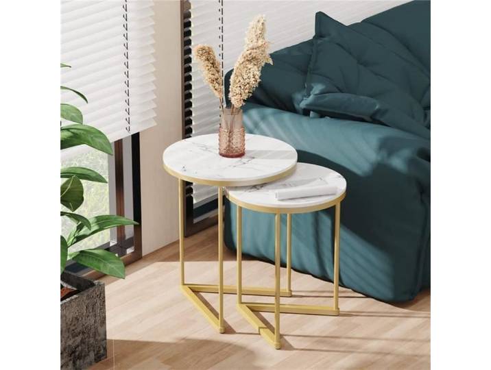 Table Gigogne de Salon Lot de 2 Table d'Appoint Ronde Blanche Marbre Bout de Canapé de Salon Design Or - 45x55cm + 40x51cm