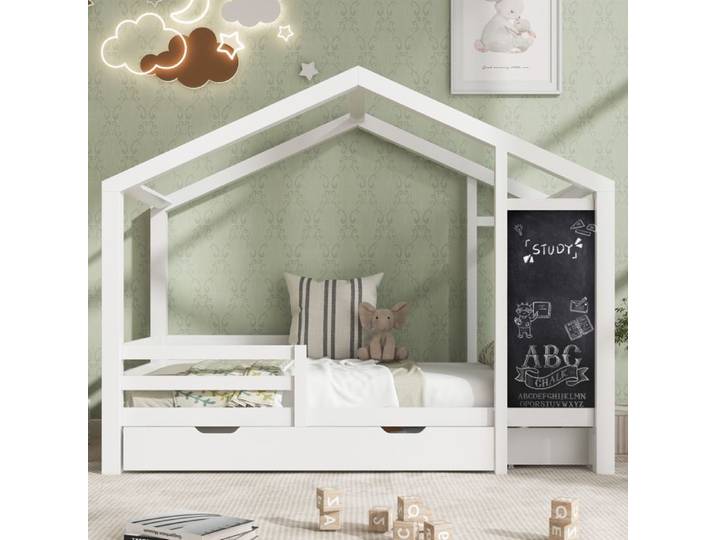 Lit cabane enfant - MERAX - Lit cabane 90×200 avec tableau noir - 2 tiroirs - Barrières de sécurité - Sommier inclus