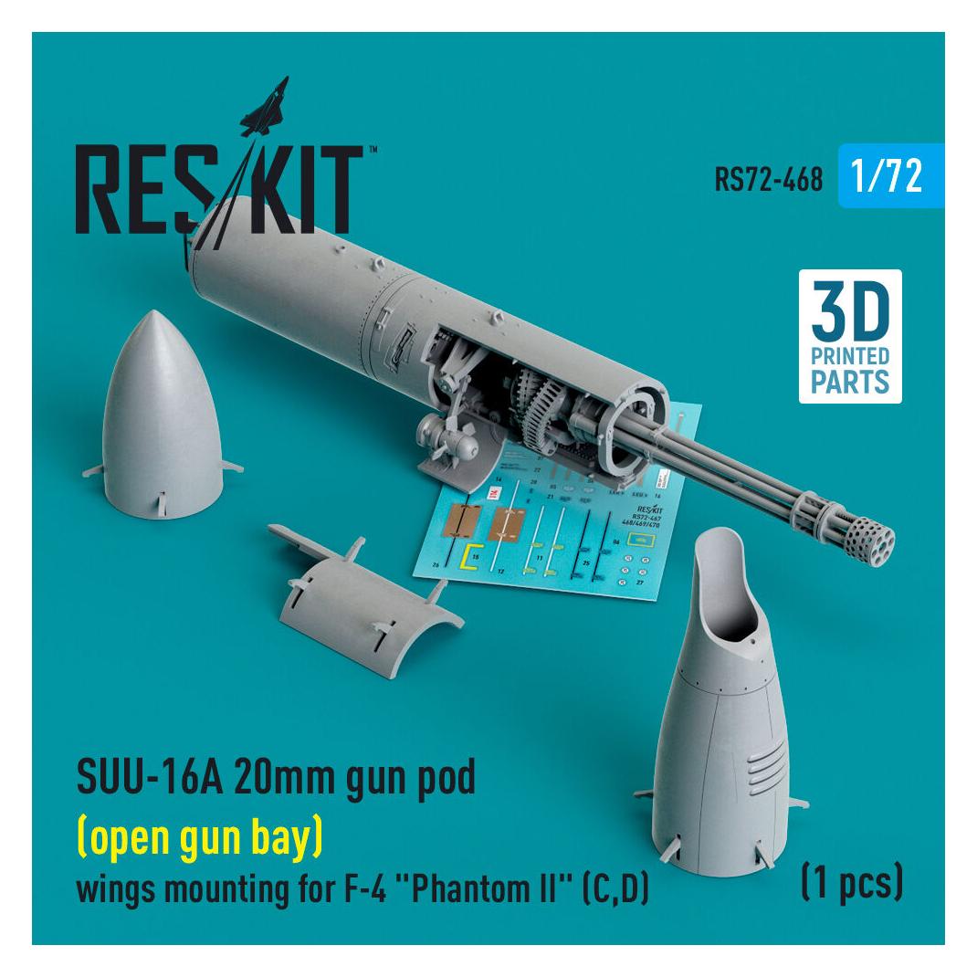 ResKit SUU-16A 20mm gun pod (open gun bay) wings mounting for F-4 Phantom II (C,D) (1 pcs) (3D Printed) (RS72-0468)