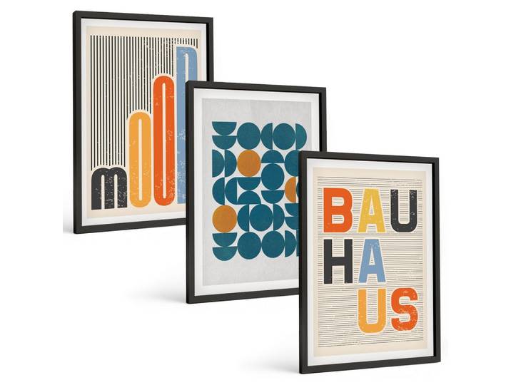 BILDER SET 3er Set - 40x60 cm Schwarzer Rahmen - Geometrische Muster im Bauhaus-Stil