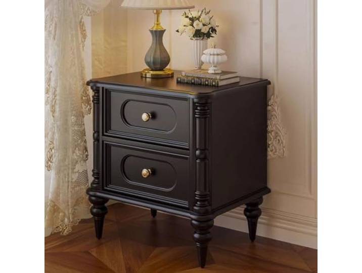 Retro-Nachttisch aus Holz Kleiner Beistelltisch Mit Schublade Metallgriffe Abgerundete Ecken Wohnaccessoire Für Schlafzimmer und Wohnungen(Black)