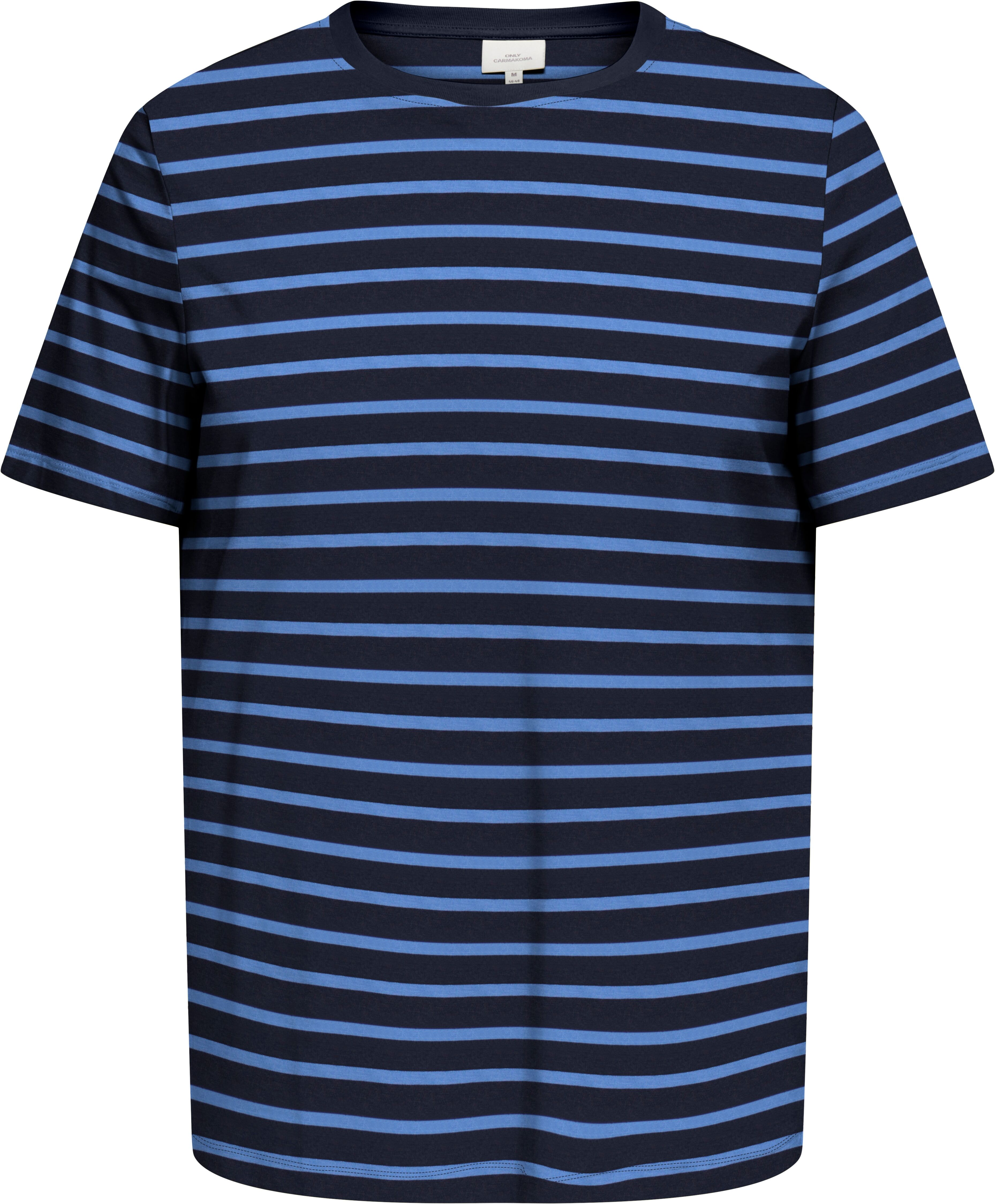 Rundhalsshirt ONLY CARMAKOMA "CARBLOOM LIFE S/S TOP JRS", Damen, Gr. L, blau (night sky stripes:(blake) ultramarine), Jersey, Obermaterial: 100% Baumwolle, gestreift, regular fit normal, Rundhals, Shirts Rundhalsshirt night sky stripes:(blake) ultramarine