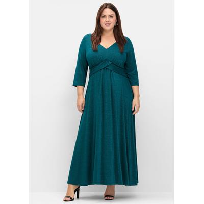Abendkleid SHEEGO "Abendkleid", Damen, Gr. 48, Normalgrößen, 3/4 Arm, blau (petrol), 66% Viskose, 16% Polyamid, 15% metallisierte Fasern, 3% Elasthan, unifarben, wadenlang, V-Ausschnitt, Kleider Abendkleid