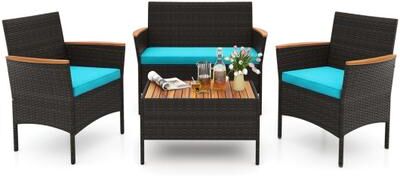 Costway 4 Piece Patio Wicker Sofa Set 2 Rattan Chairs and Loveseat with Table-Turquoise