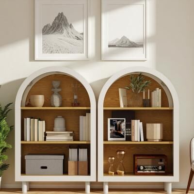 ZWYO HOSIMU Arched Small Bookcase with 3 Shelves & Glaze Finish Wooden Storage Cabinet for Living Room Bedroom Entryway