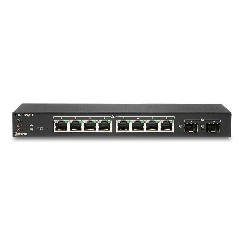 SonicWall SWS12-8 Switch met 8 x 10/100/1000 poorten en 2 x Gigabit SFP voor op een bureau