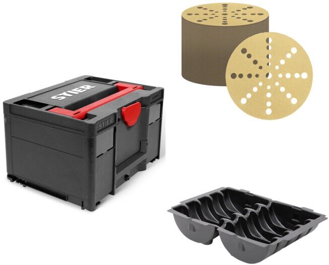 Set STIER Systainer³ III Black Edition + STIER Schleifscheiben Universal D150 / P80/ 32-Loch + STIER Systainer-Tiefzieheinsatz für Schleifmittel Ø 150 mm