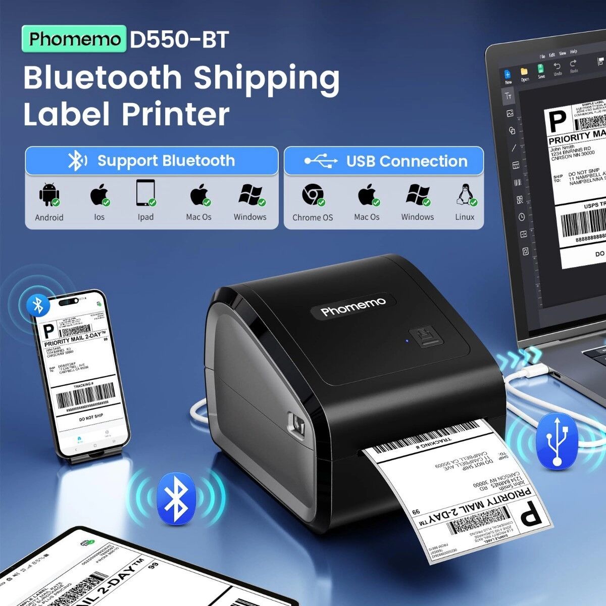 INF Bluetooth Thermoetiketten-Drucker, kompatibel mit Labelife APP — tintenlos 203 dpi, 108mm Druckbreite, USB-B, inkl. 30x 4x6