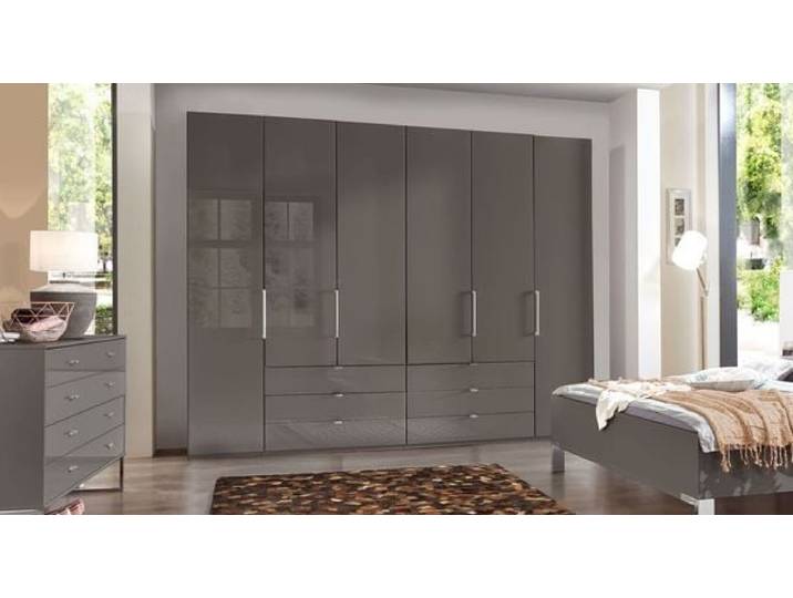 Falttüren-Kleiderschrank Harrow mit Glasfront und Schubladen Schubkasten H:216cm/B:200cm/T:58cm Taupe Soft-Close modern