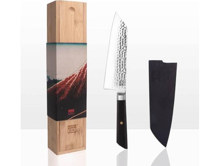 KOTAI Santoku Bunka Kochmesser mit Saya und Bambusbox 17-cm-Klinge Küchenmesser von Hand gehämmert und geschärft Japanischer ultrascharfer 440C-Edelstahl