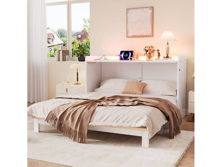 SENVIRO lit escamotable 140 x 200 cm rangement LED blanc