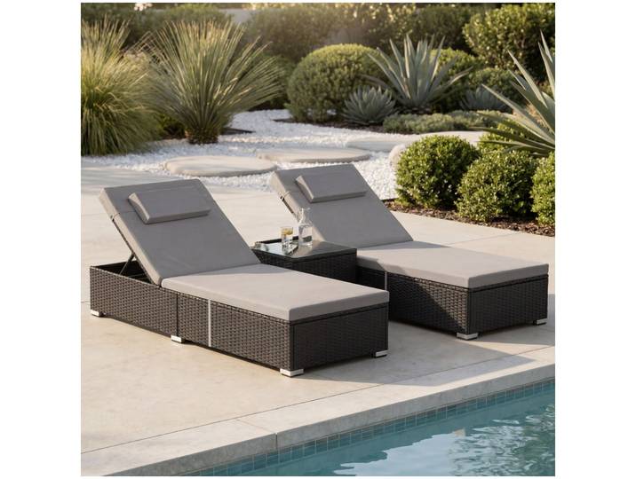 Rattan-Doppelliege mit Tisch Carbonera, verstellbare Lehne - schwarz