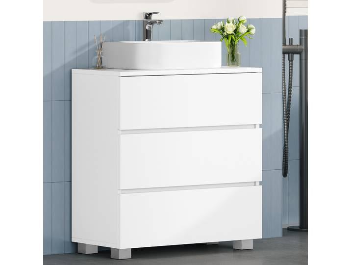 1 meuble de salle de bain blanc avec 3 grands tiroirs, meuble de salle de bain avec pieds, meuble de toilette autoportant