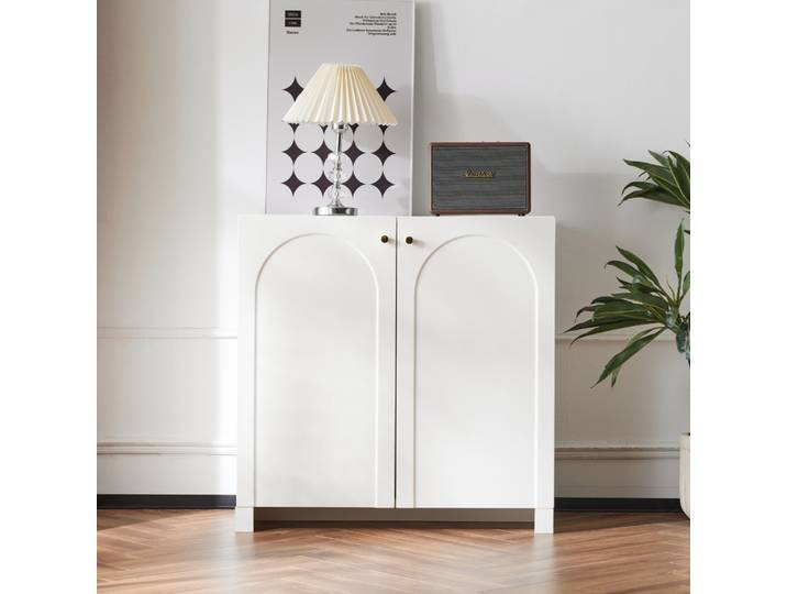 PINGGO Meuble de rangement moderne 2 portes Commode Haute Crème Blanc 80x40x80cm