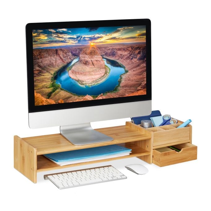 Relaxdays Bamboe monitorstandaard met opbergruimte