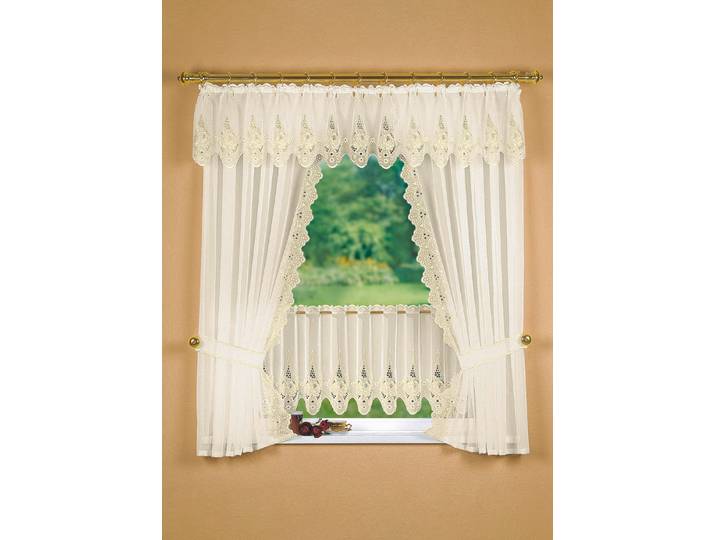 Fensterdekoration mit aufwendiger Plauener Stickerei, Creme, Größe 696 (Querbehang, H33xB300 cm)