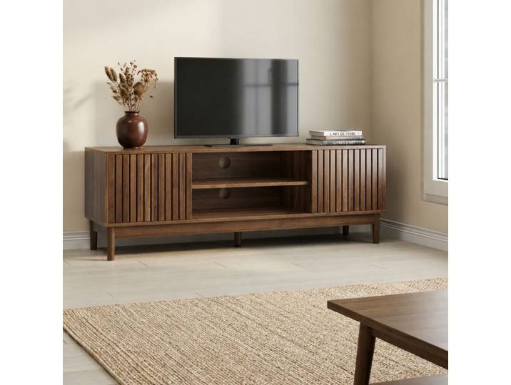 Norevia Meuble TV 140 cm effet noyer portes à tasseaux et niches TV jusqu'à 65 pouces