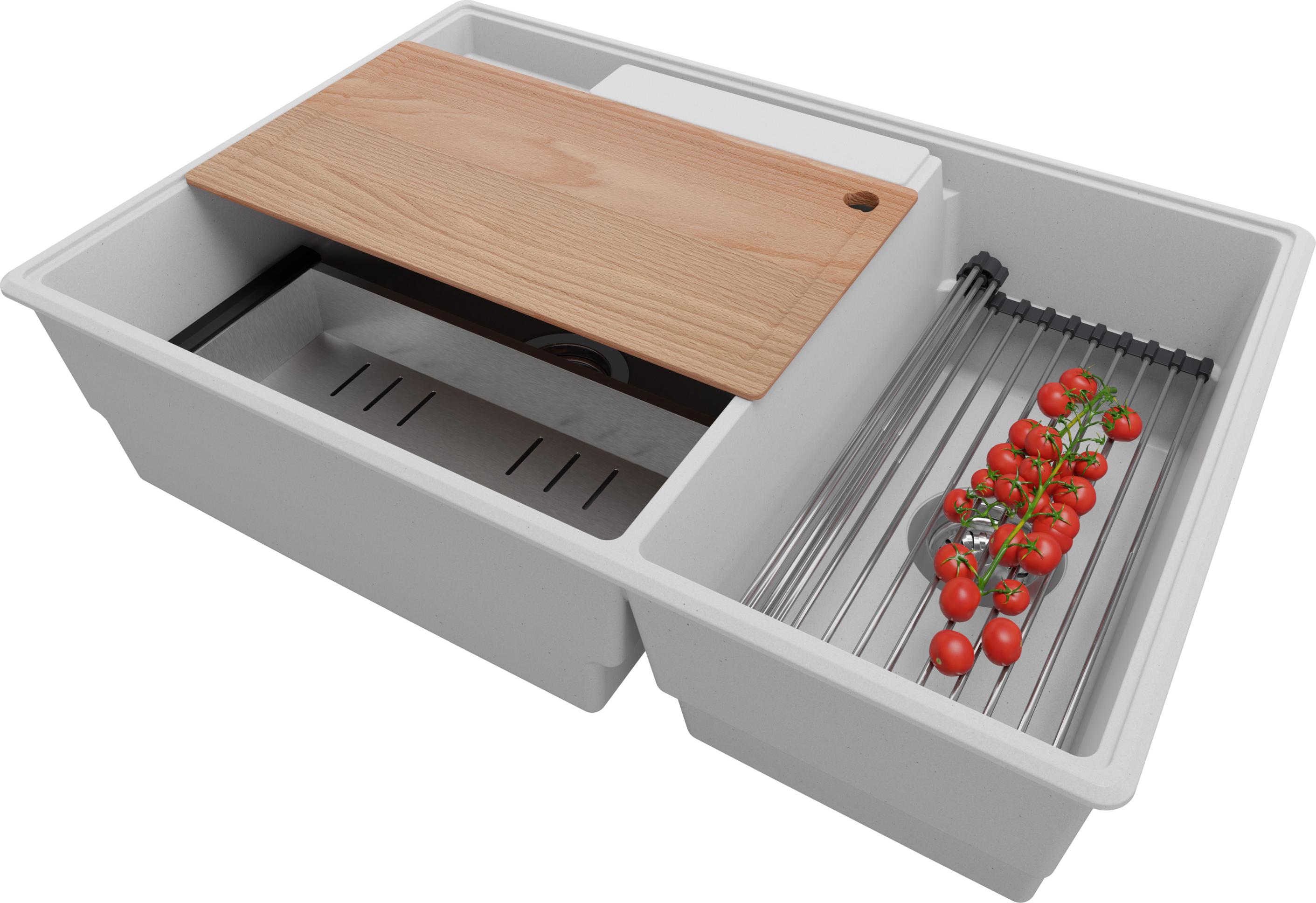 PRIMAGRAN Spülbecken Grau 78x53cm, Granitspüle 2 Becken + Ablauf-Set + Küchenzubehörset, Küchenspüle ab 80er Unterschrank - Paris