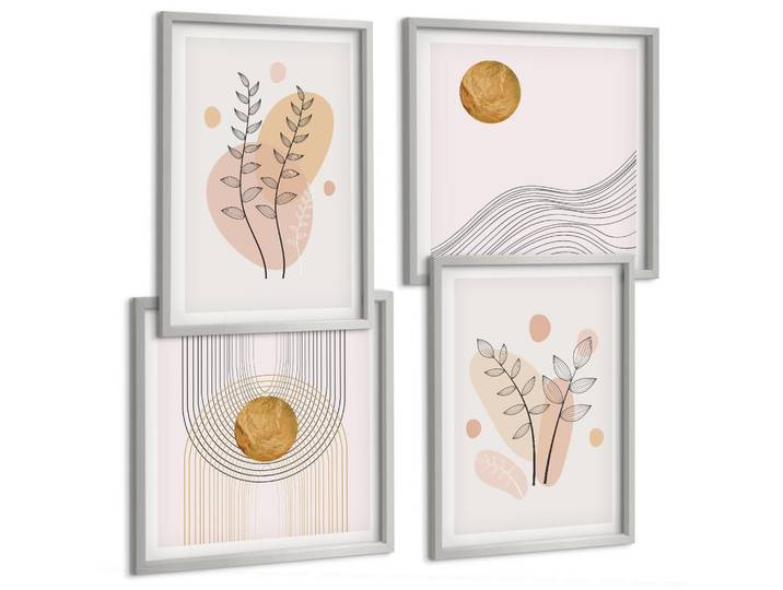 BILDER SET 4er Set - 50x50 cm & 40x60 cm Silberner Rahmen - Minimalistische Pflanzenzeichnungen