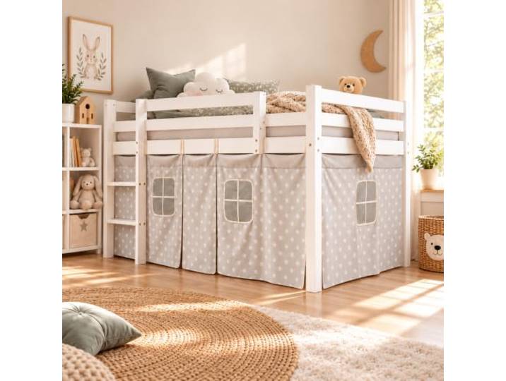 Homestyle4u Hochbett Vorhang Sterne Grau & Weiß Bettumrandung Baumwolle 3-teiliges Set für Kinderhochbetten 90x200 cm - Höhe 75 cm - Mit Fenstern zum Anbinden für privaten Rückzugsort