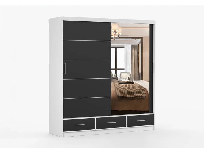 Schwebetürenschrank FLORENCE 203 cm Weiß Schwarz + Spiegel