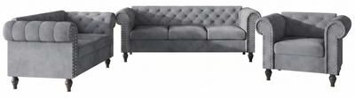Clayfell Kelso 3-Piece Velvet Living Room Set With Rolled Arm Chair, Loveseat and Sofa, Deep Button Tufting and Turned Legs