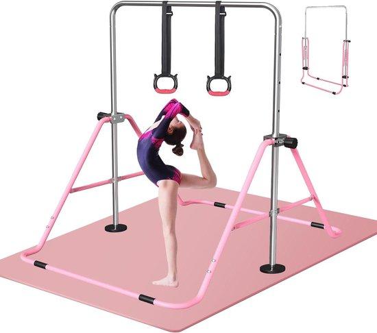 Turnstange für Kinder - Klappbare Turnmatte - Für Innen- und Außengebrauch - Verstellbare, doppelte Verriegelung - Inklusive Yogamatte - Rosa