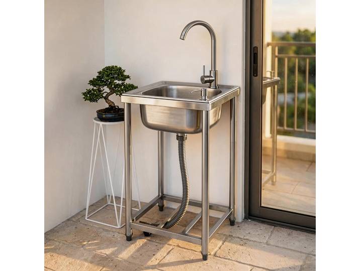 Évier multifonctionnel autoportant en acier inoxydable avec robinet monocommande chaud/froid, drain intégré et kit de tuyauterie complet