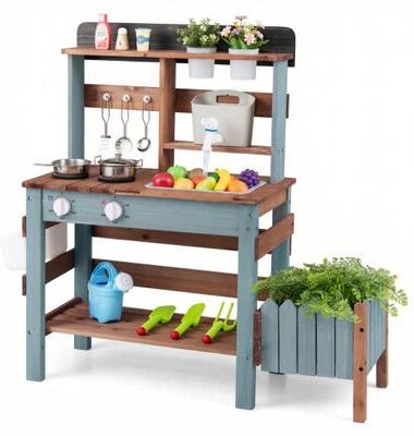 Costway Wooden Mud Kitchen Set with Running Water Faucet Tank-Blue