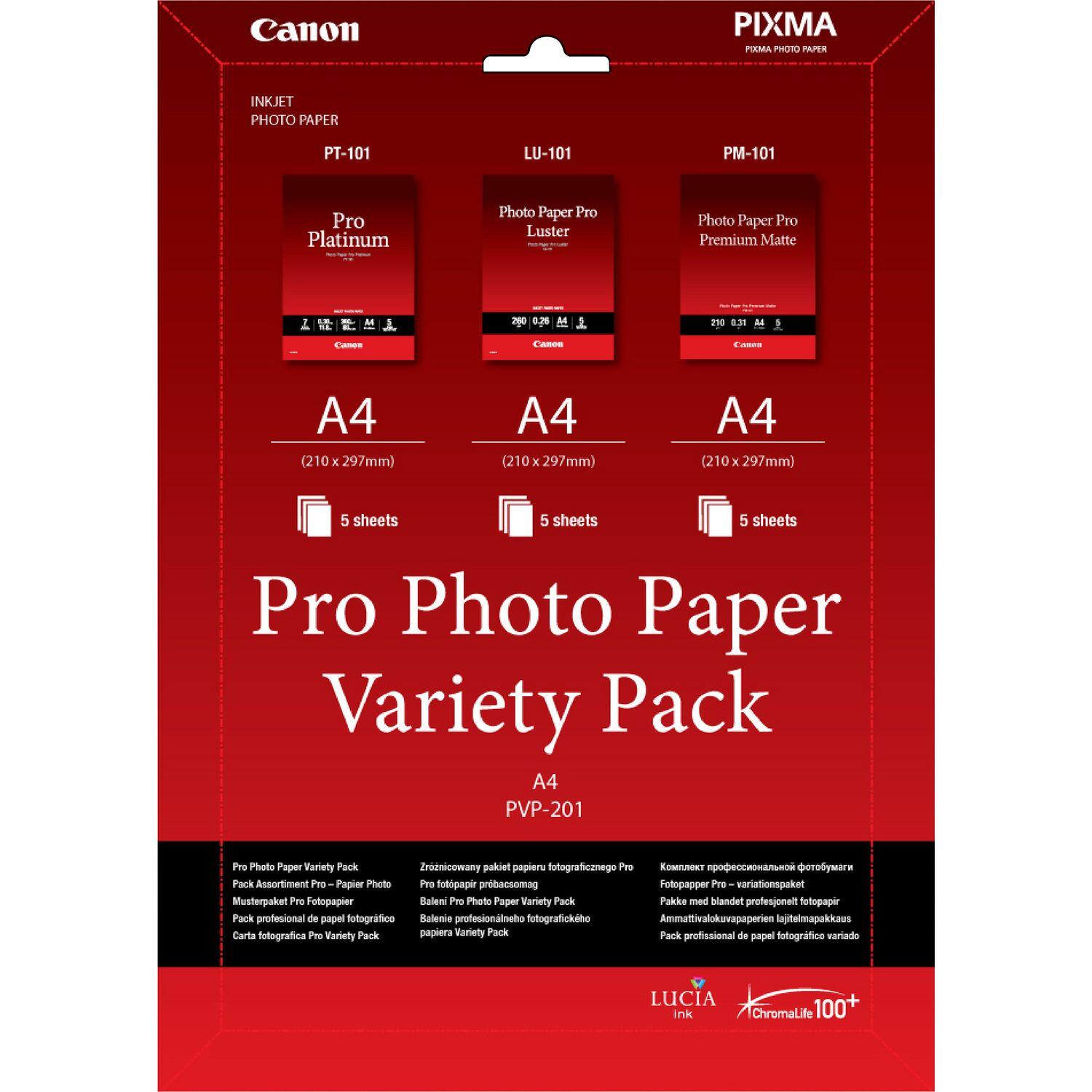 Canon PVP-201 Auswahl Professionelles Fotopapier Platinum A4, Premium matt A4, Luster A4 - je 5 Blatt 6211B021