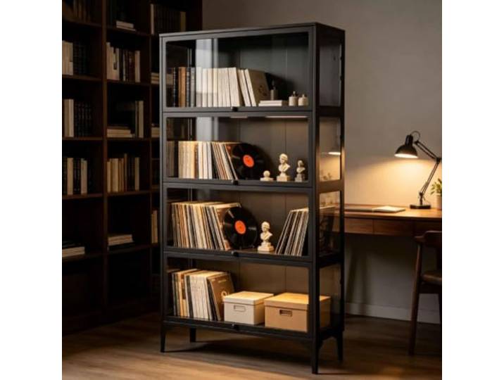 Gavoir Vitrine Glas Stehend Schwarz Metall 4-Lagen 32x78x165cm Sammlervitrine Vitrinenschrank Küche Wohnzimmer Glasvitrine