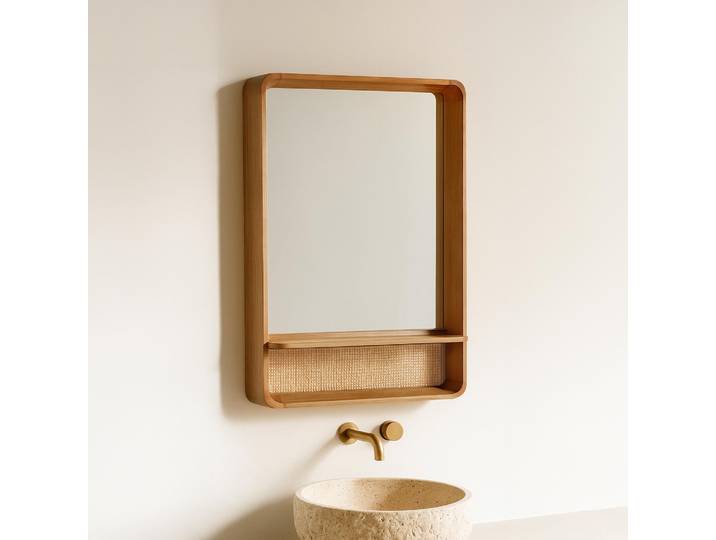 Miroir rectangulaire en bois de teck et cannage