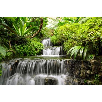 Fototapete PAPERMOON "WASSERFALL-BÄUME FLUSS SEE STEINE BLUMEN BERGE SONNE", bunt, B:4,5m L:2,8m, Vlies, Tapeten