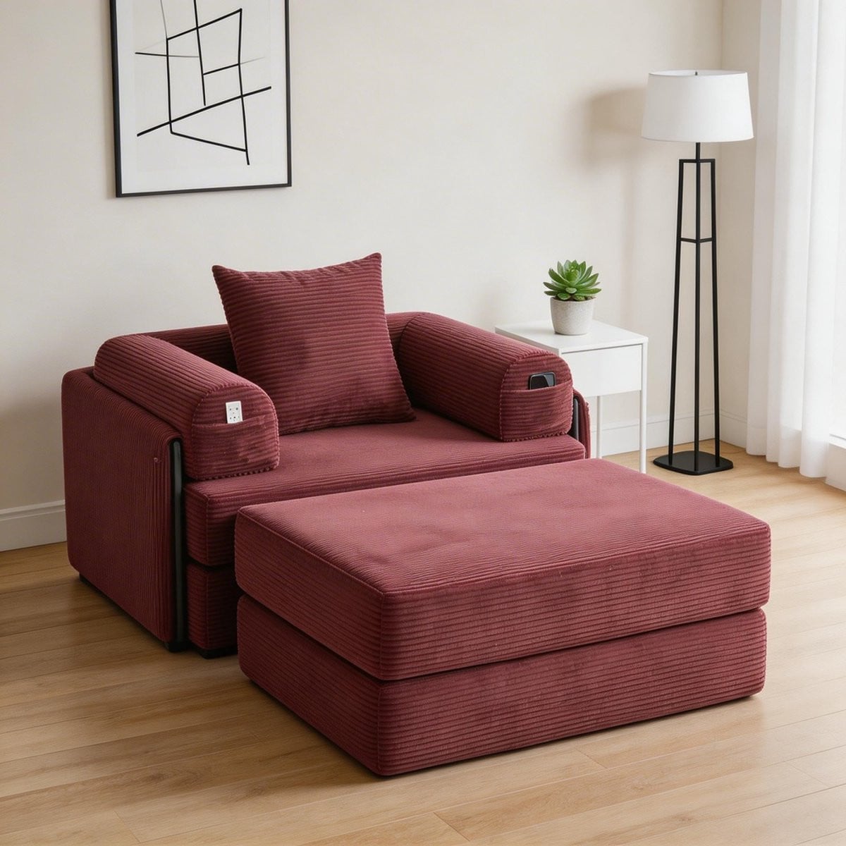 Komhtom Corduroy Compressiefauteuil met Poef en Metalen Frame