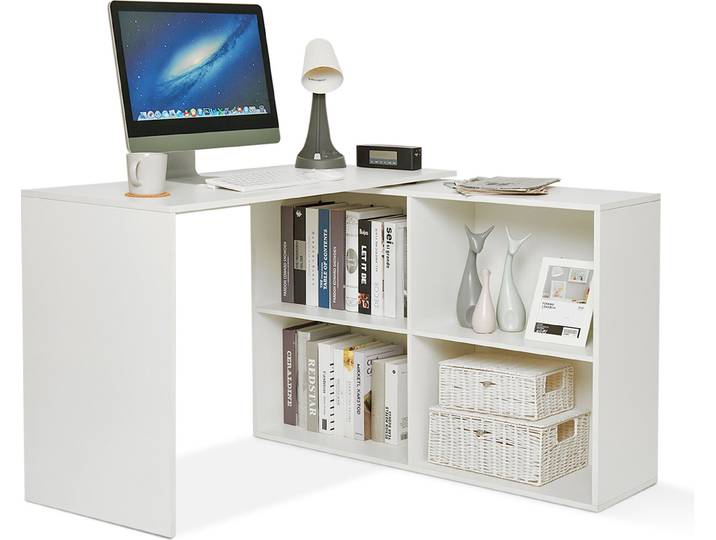 Mondeer Bureau d'angle 106 x 106 x 74\,5cm Bureau informatique en L avec rangement 4 étagères blanc