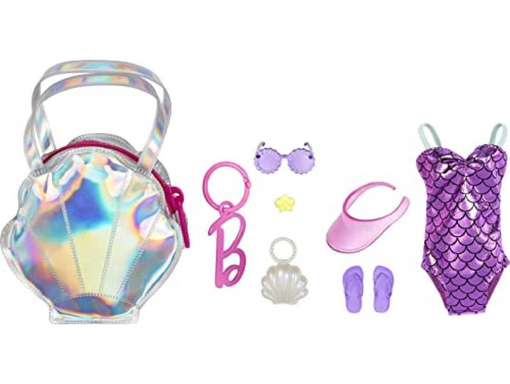 Barbie Kleding, luxe clip-on strandtas met badpak en vijf thema-accessoires voor Barbie Dolls, Meerkleurig