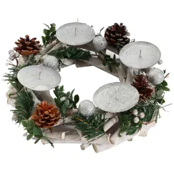 Mendler Adventskranz HWC-M12, Adventsgesteck Tischkranz Weihnachtsdeko Tischdeko Holz silber weiß Ø 30cm ~ ohne Kerzen