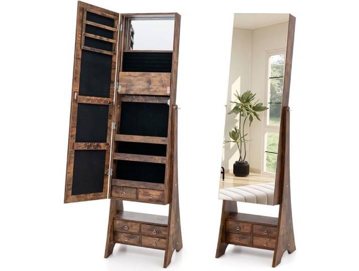 GOPLUS Armoire à Bijoux Autoportante Miroir Pleine Longueur Bande Lumineuse Led Lumineuse Miroir de Maquillage Intégré Marron