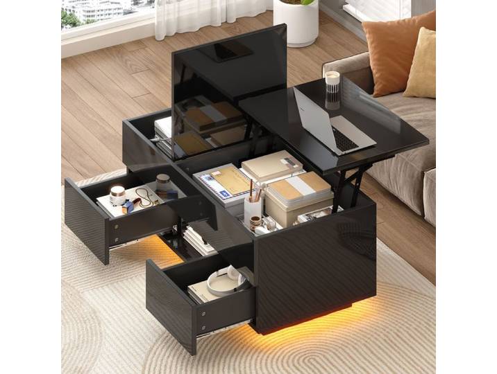 Table basse 100x50x40 plateau relevable brillant noir table basse salon avec 2 tiroirs LED intégrées