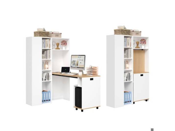 Bureau design pliable d'angle blanc 104 5x30 5x160 cm bibliothèque complète étagères réglables et USB