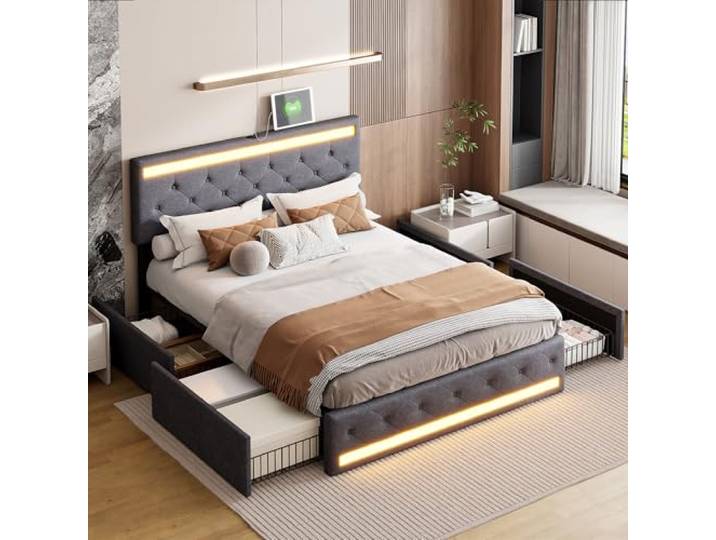 Polsterbett Doppelbett 140x200 cm, Stauraumbett mit 4 Schubladen, Bett 140x200 mit Bettkasten und Lattenrost, LED Kopfteil mit USB Ladestation, Jugendbett Funktionsbett Rückenlehne Bett, Leinen