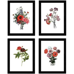 POSTER Set mit 4 Dunkelrot Botanischen Stil Weiß A3 Rahmenlos
