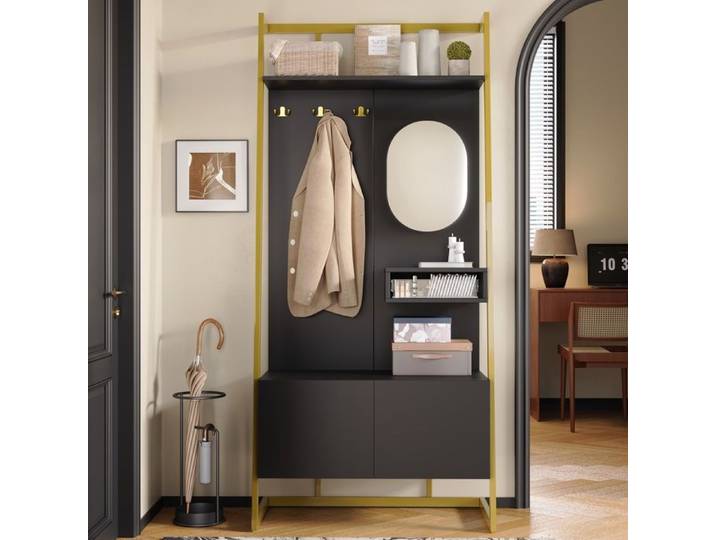 Porte-Manteau - DREAMMESPACE - Armoire compacte - Miroir - Crochets métalliques - Noir