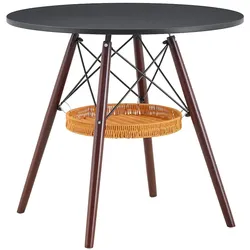OKWISH Runder Esstisch aus Massivholz und MDF in Walnuss/Schwarz, Ø80 cm, mit geflochtenem Ablagekorb
