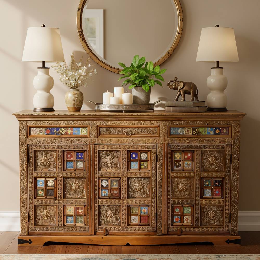Pharao24.de Sideboard Wohnzimmerkommode handgearbeitet mit drei Schubladen