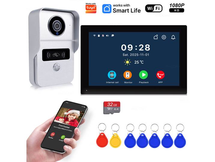 Système de sonnette vidéo sans fil Wifi, caméra de porte 1080P, écran tactile 7 pouces, interphone vidéo, carte 32 Go pour maison 4 fils