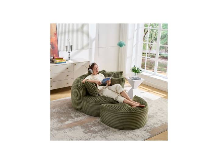 MEULVA Canapé 1 place rond vert émeraude en chenille avec repose-pieds accoudoirs et 5 coussins