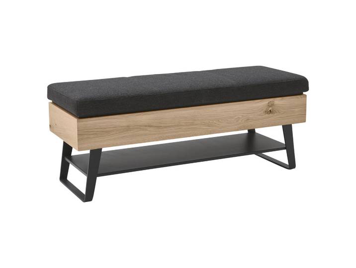Johann Jakob Garderobenbank, Anthrazit, Eichefarben, Holz, Metall, Kerneiche, massiv, Füllung: Schaumstoff, 118x48.5x41 cm, Truhe im Sitz, Garderobe, Garderobensets & -serien, Garderoben-Serie